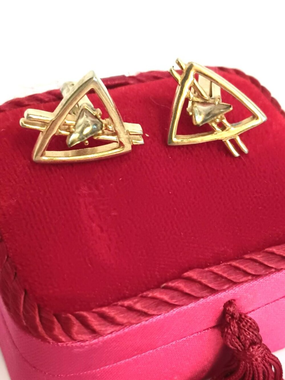 Vintage Swank Gold Triangle Cufflinks Open Work with Clear Stone